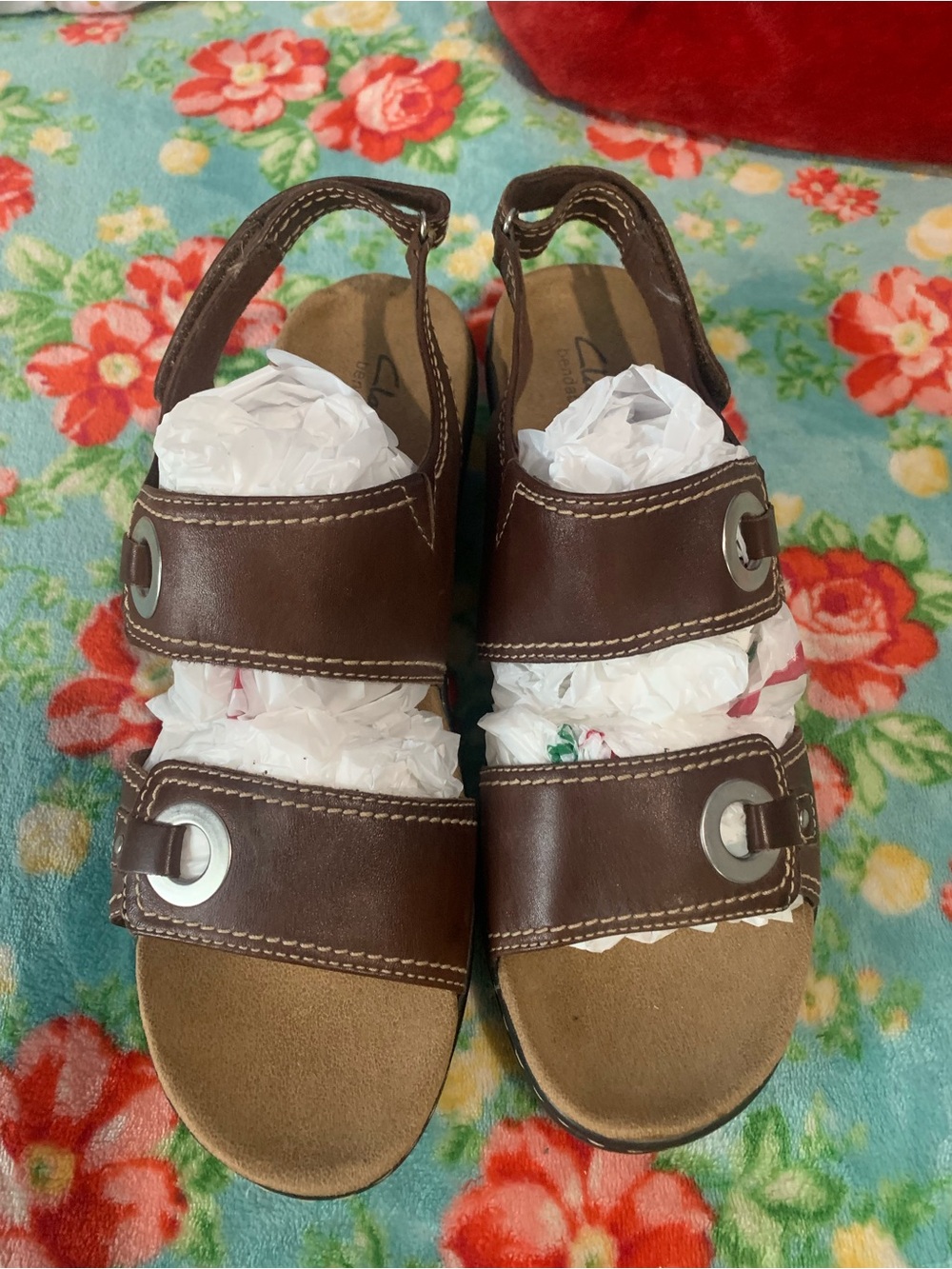 Clarks Women’s Bendables Brown Leather Slide Sandals Lexi Willow Wedge Heel